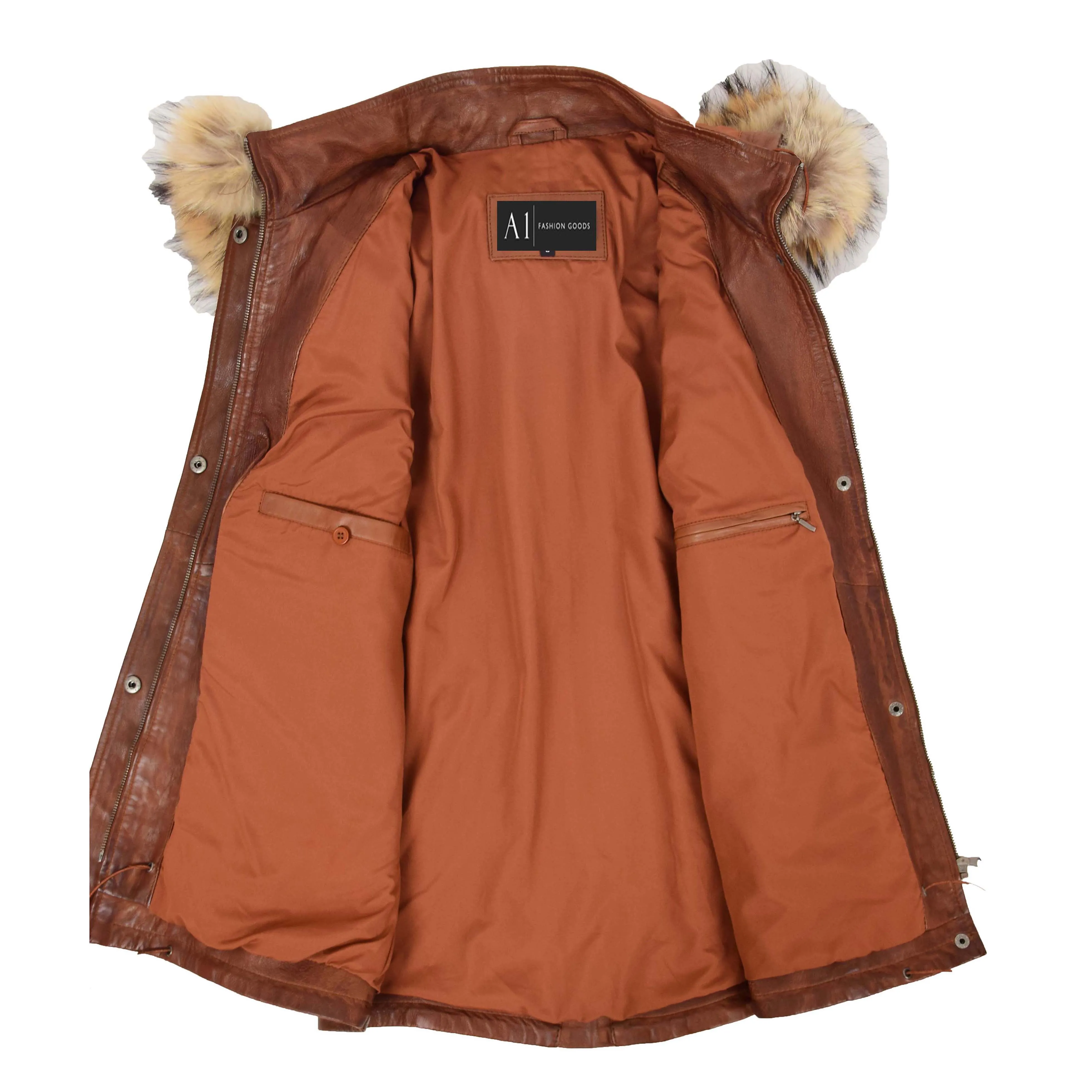 Ladies Genuine Cognac Leather Duffle Coat Removable Hood Parka Jacket Patty