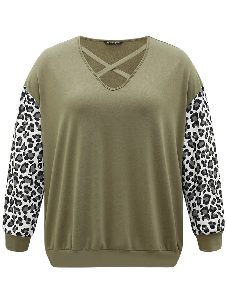 Leopard Patchwork Crisscross Neck Elastic Cuffs Sweatshirt