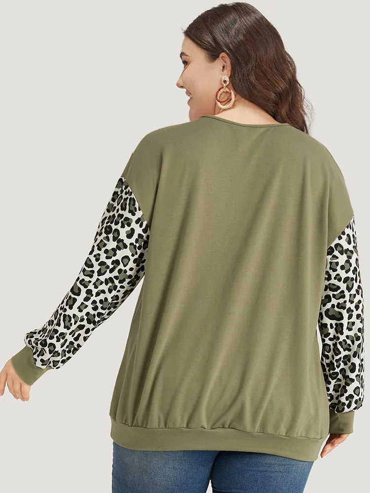 Leopard Patchwork Crisscross Neck Elastic Cuffs Sweatshirt