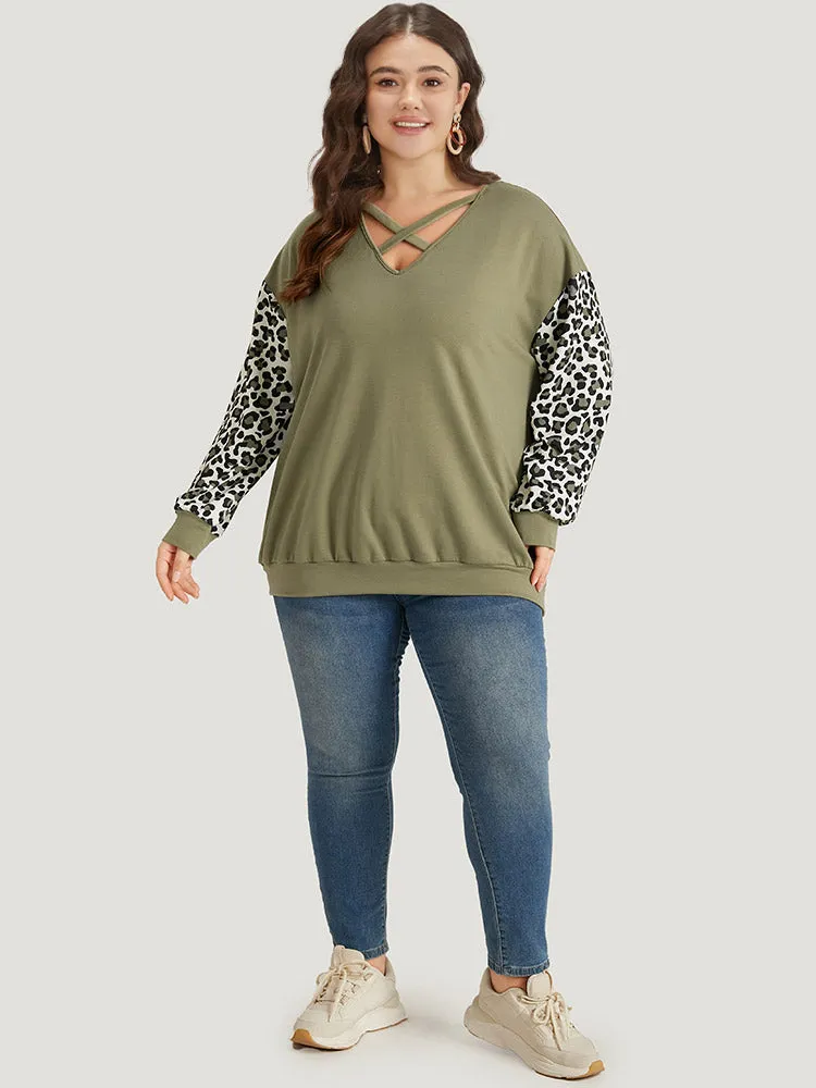 Leopard Patchwork Crisscross Neck Elastic Cuffs Sweatshirt