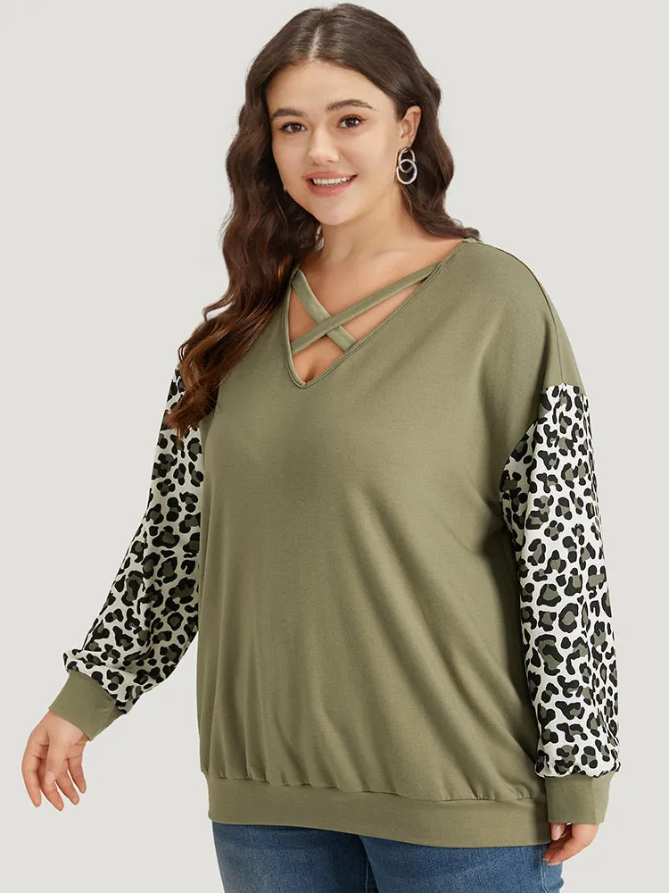 Leopard Patchwork Crisscross Neck Elastic Cuffs Sweatshirt