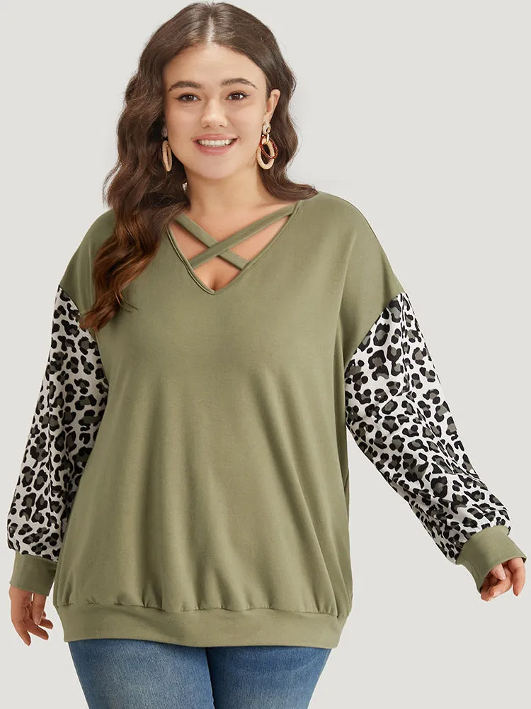 Leopard Patchwork Crisscross Neck Elastic Cuffs Sweatshirt