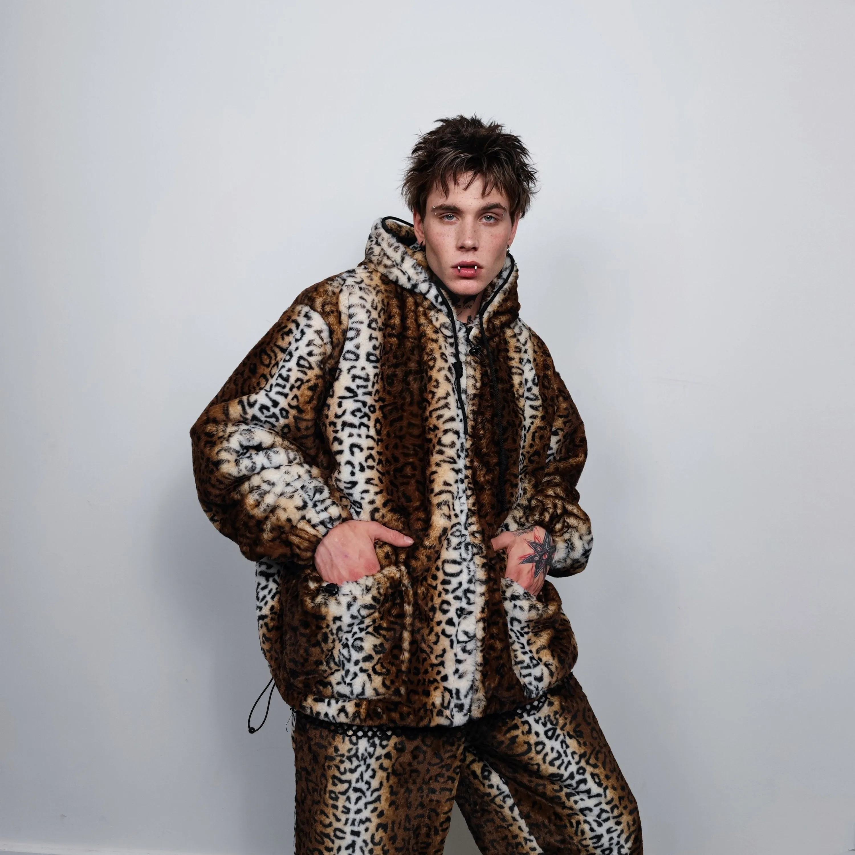 Leopard print jacket handmade detachable fluffy animal print bomber cheetah pattern fleece premium hooded party coat in tie-dye brown