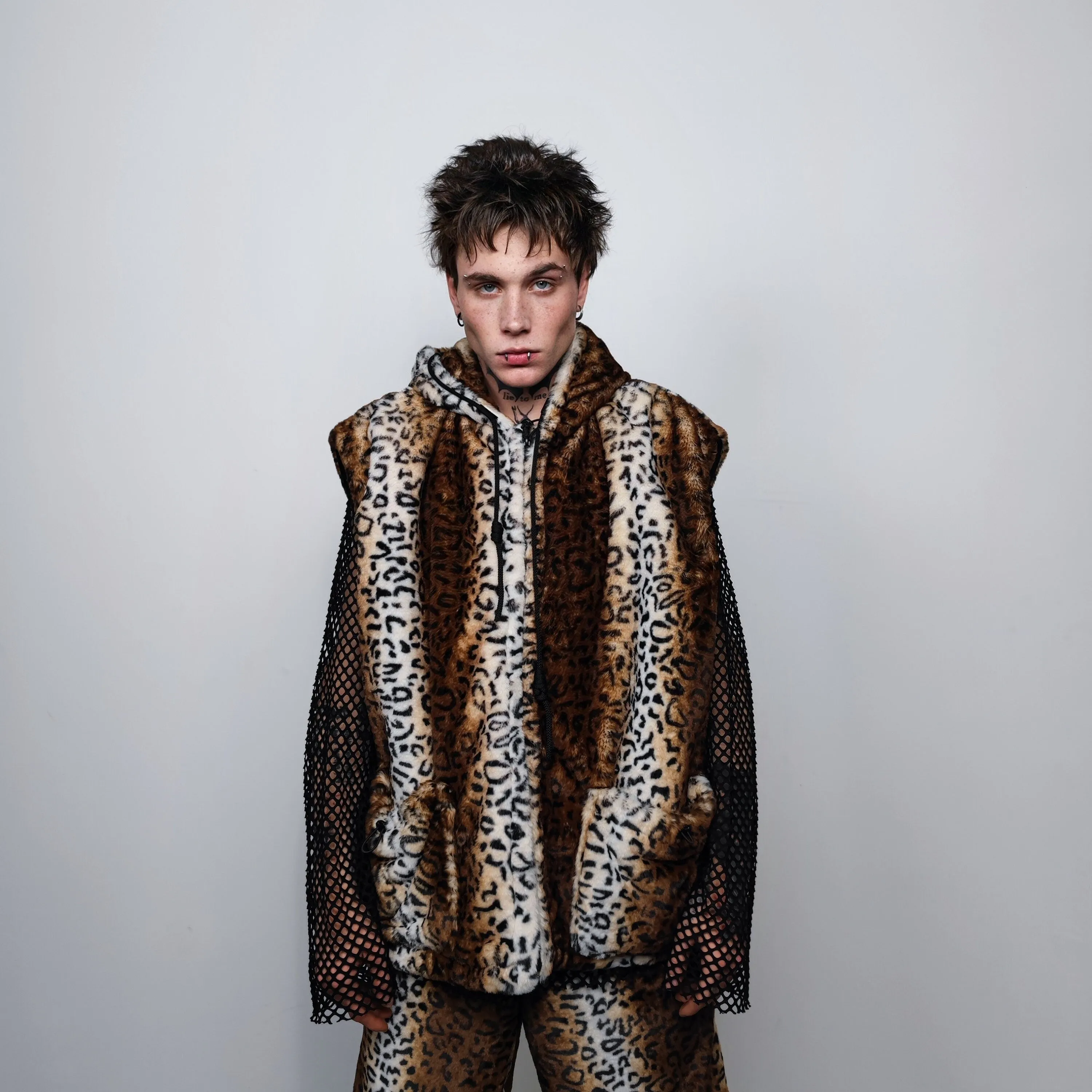 Leopard print jacket handmade detachable fluffy animal print bomber cheetah pattern fleece premium hooded party coat in tie-dye brown