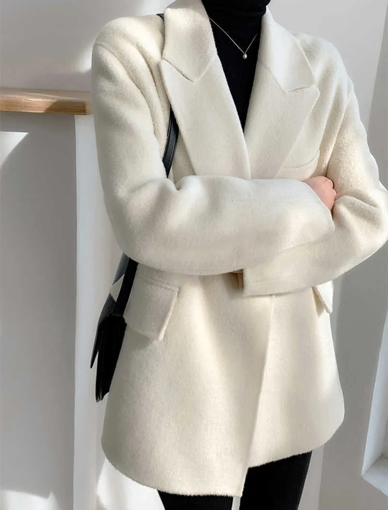 Loose Fit White Woolen Coat Parkas New Long Sleeve