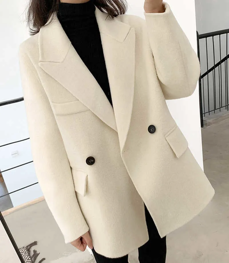 Loose Fit White Woolen Coat Parkas New Long Sleeve