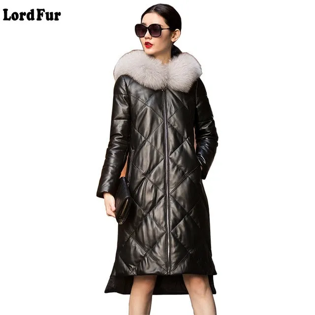 Luxury Genuine Sheepskin Leather Suede Down Parkas Coat Jacket Fox Fur Collar Winter Women Slim