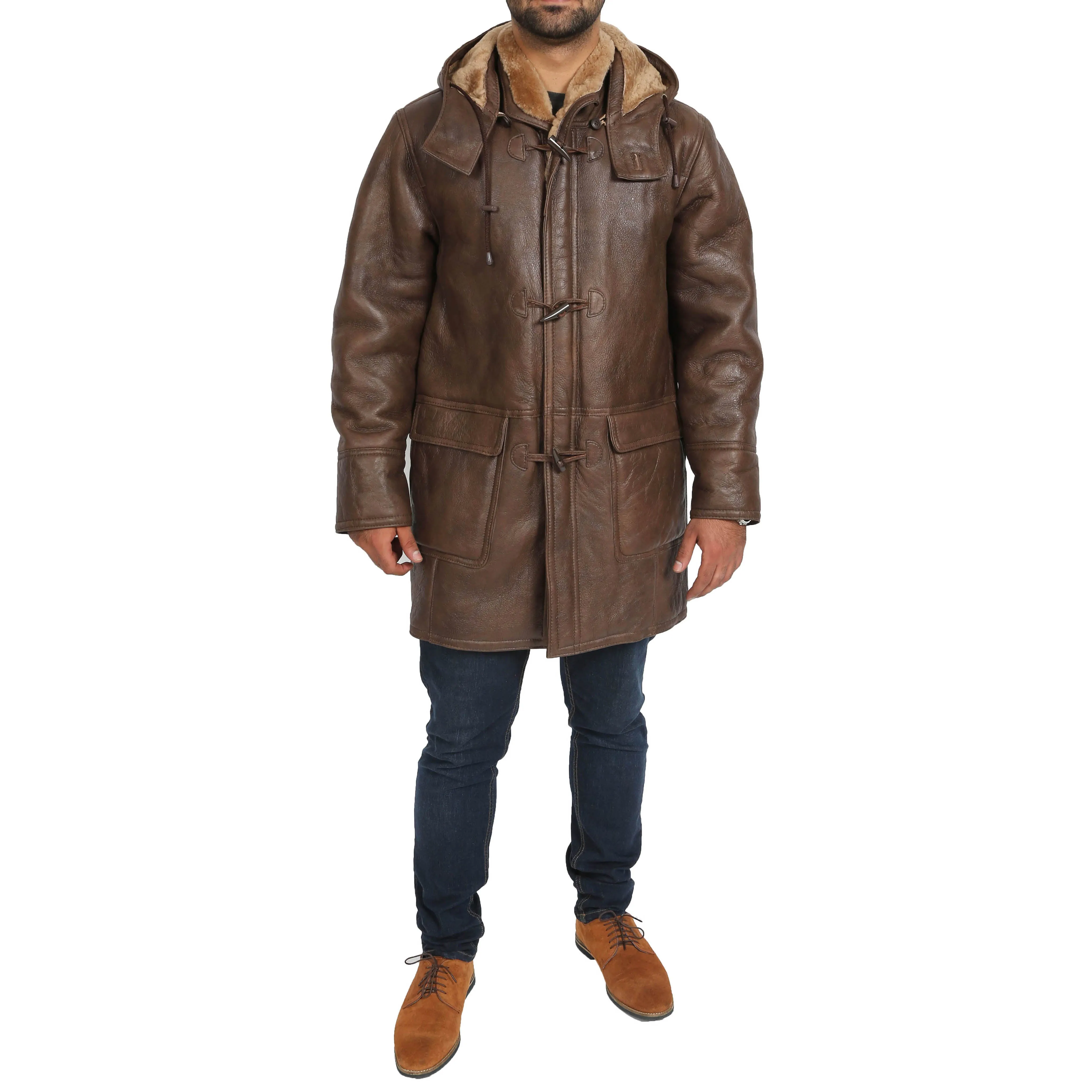 Mens Genuine Sheepskin Duffle Coat 3/4 Long Hooded Jacket Mitchel Brown