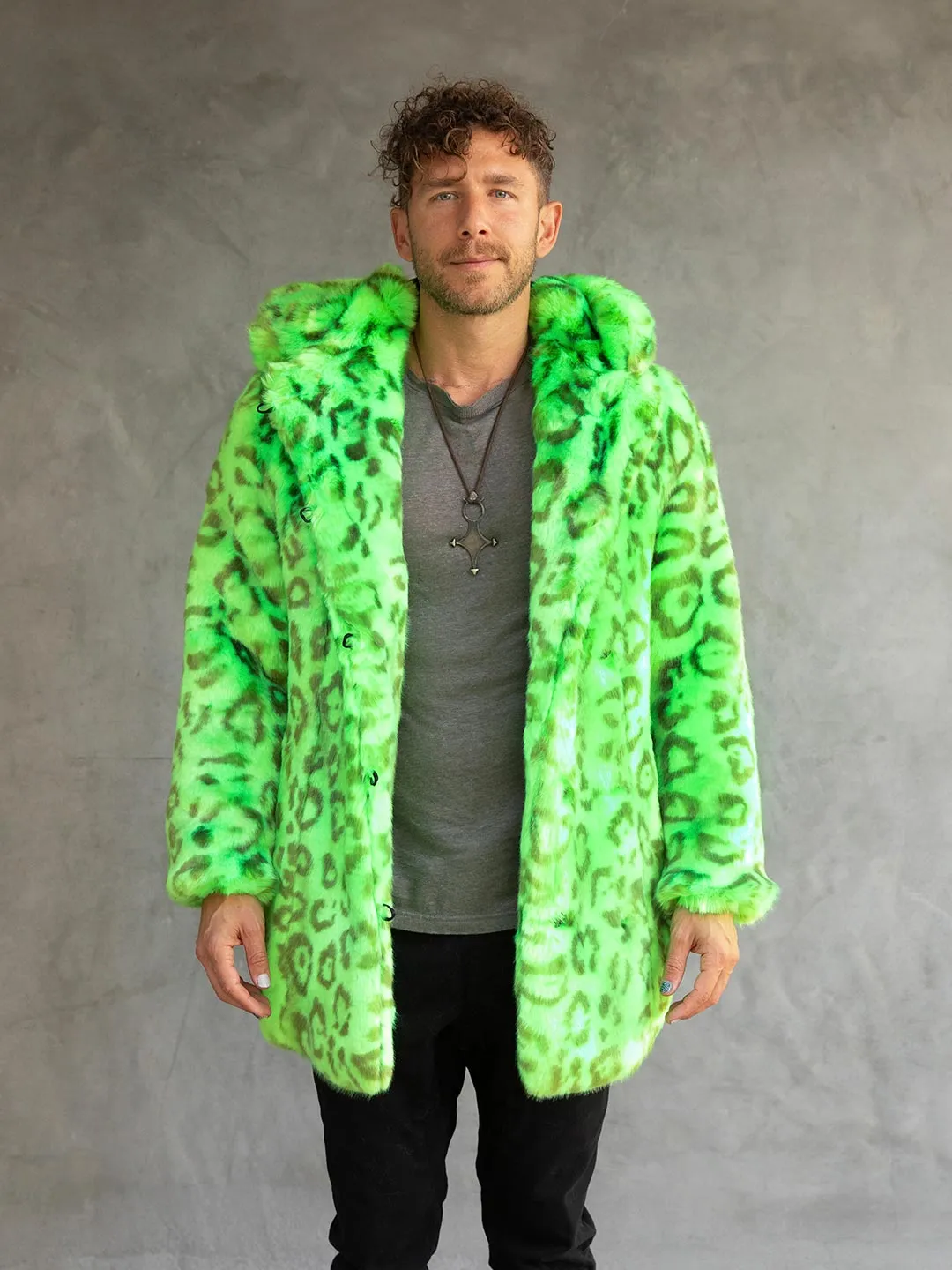 Neon Green Leopard Luxe Classic Faux Fur Coat | Men's