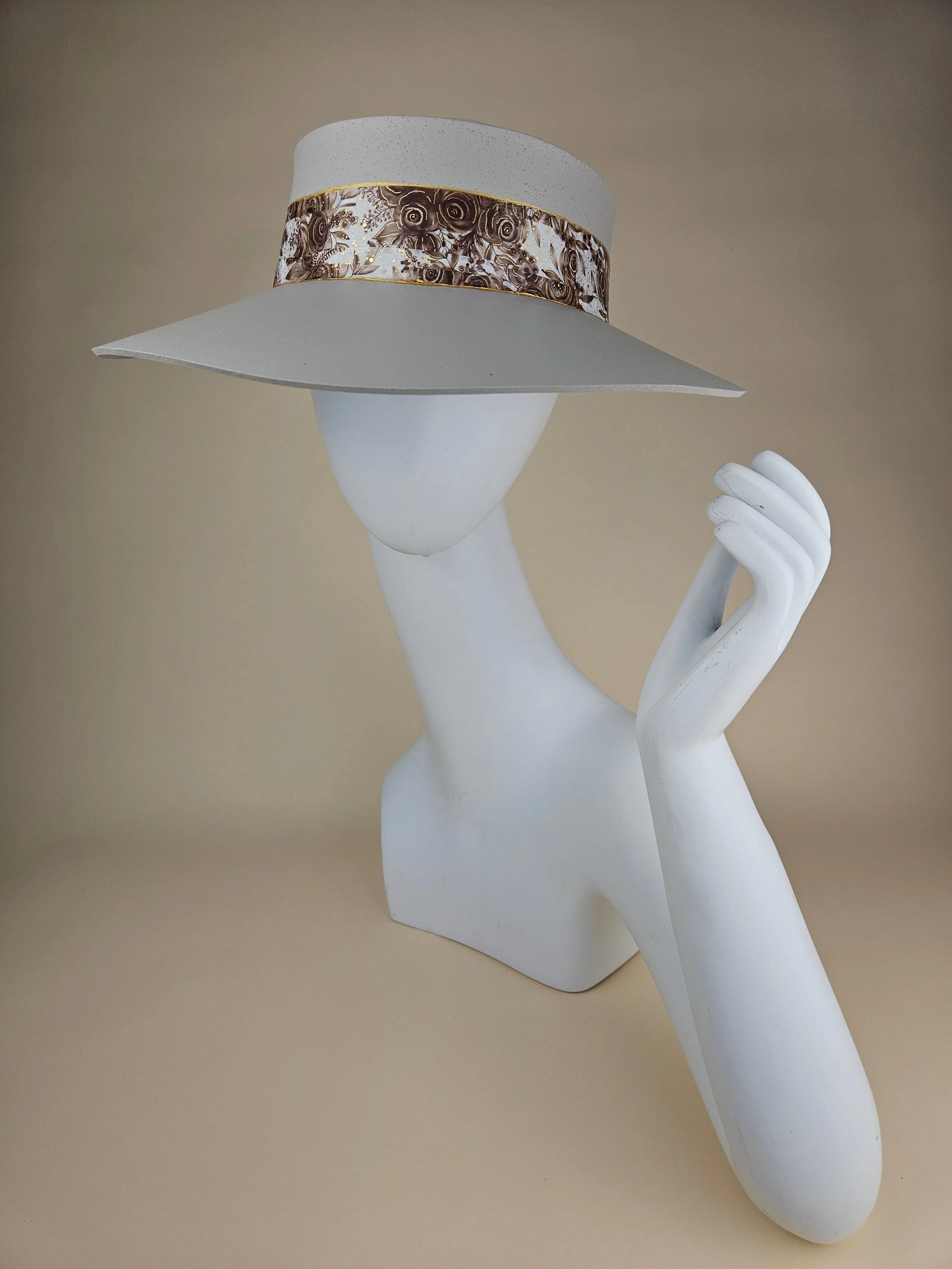 Tall Gray "LadyEVA" Visor Hat with Dark Brown Floral Band