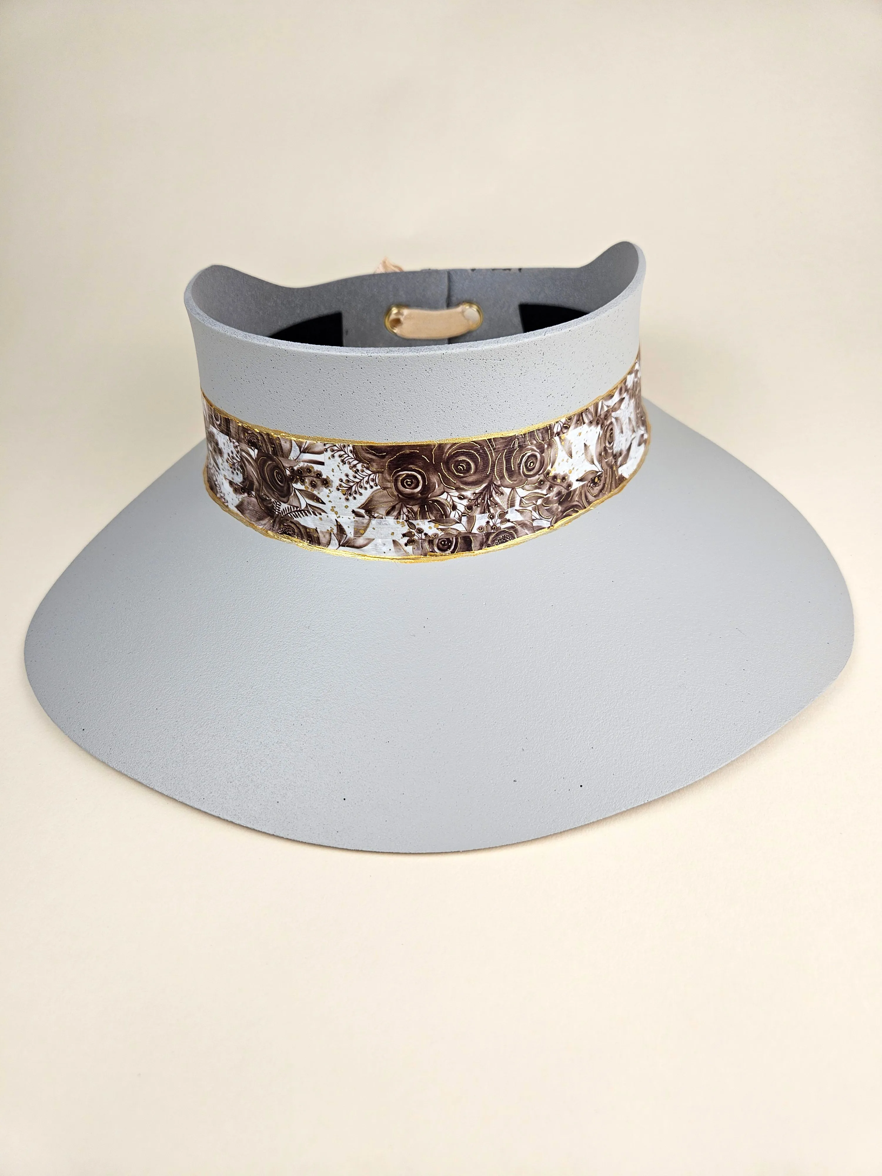 Tall Gray "LadyEVA" Visor Hat with Dark Brown Floral Band