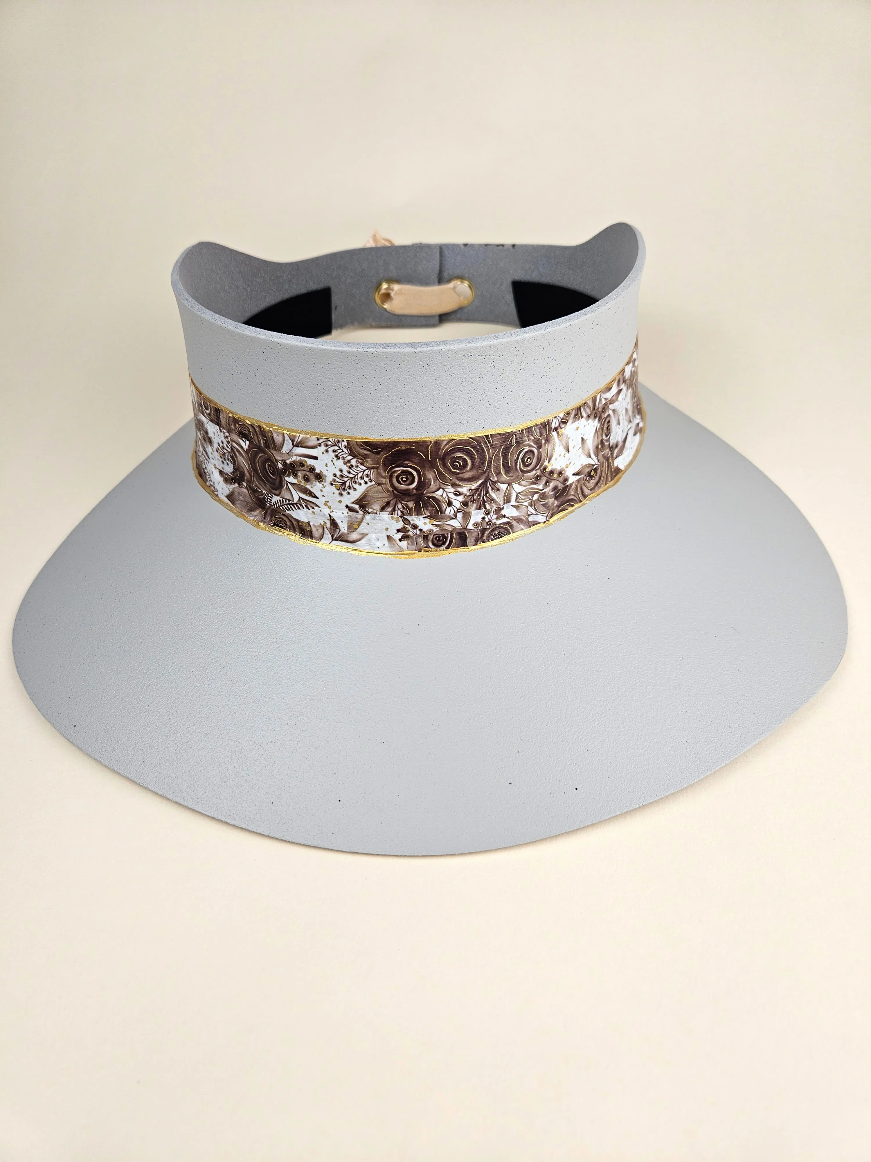 Tall Gray "LadyEVA" Visor Hat with Dark Brown Floral Band