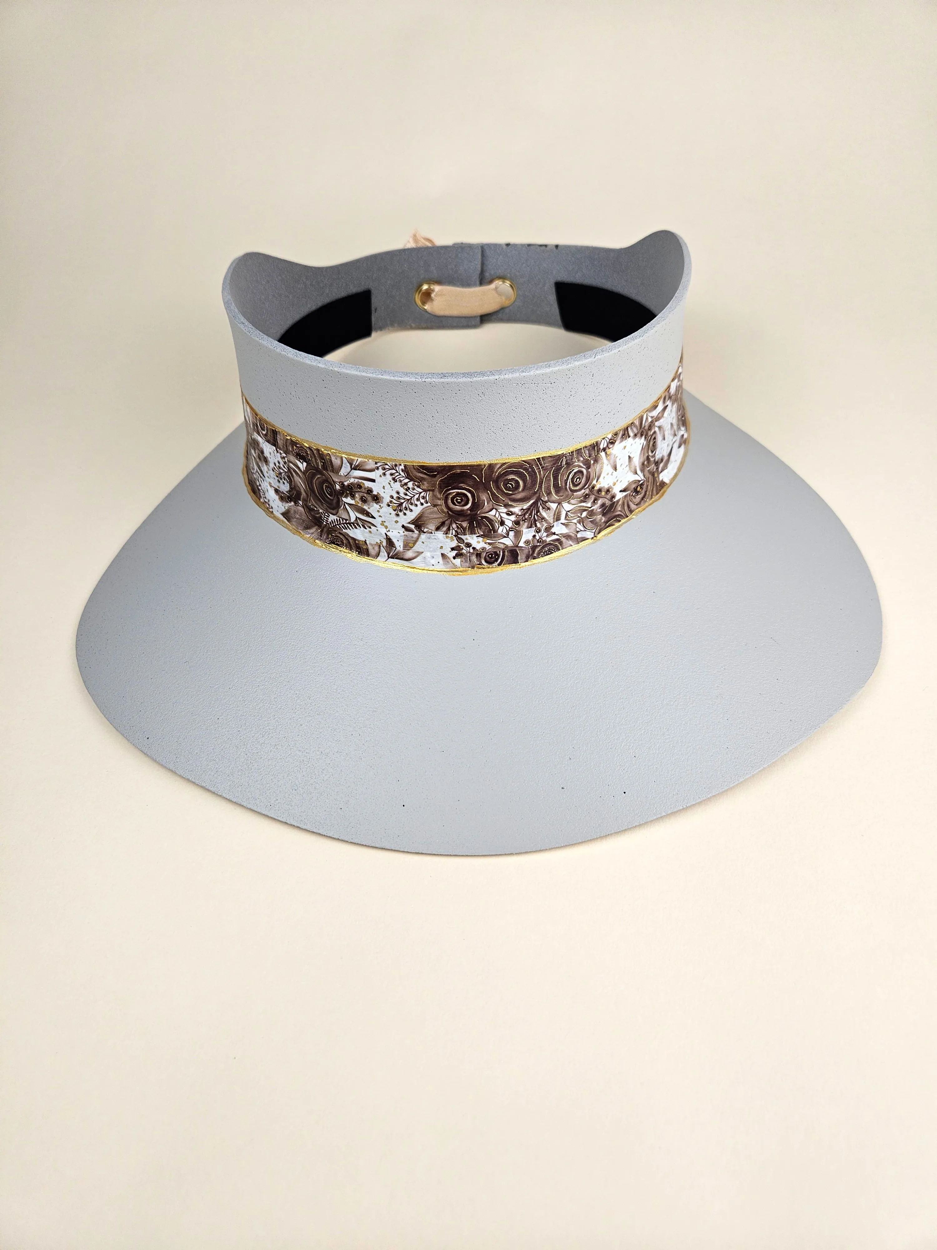 Tall Gray "LadyEVA" Visor Hat with Dark Brown Floral Band