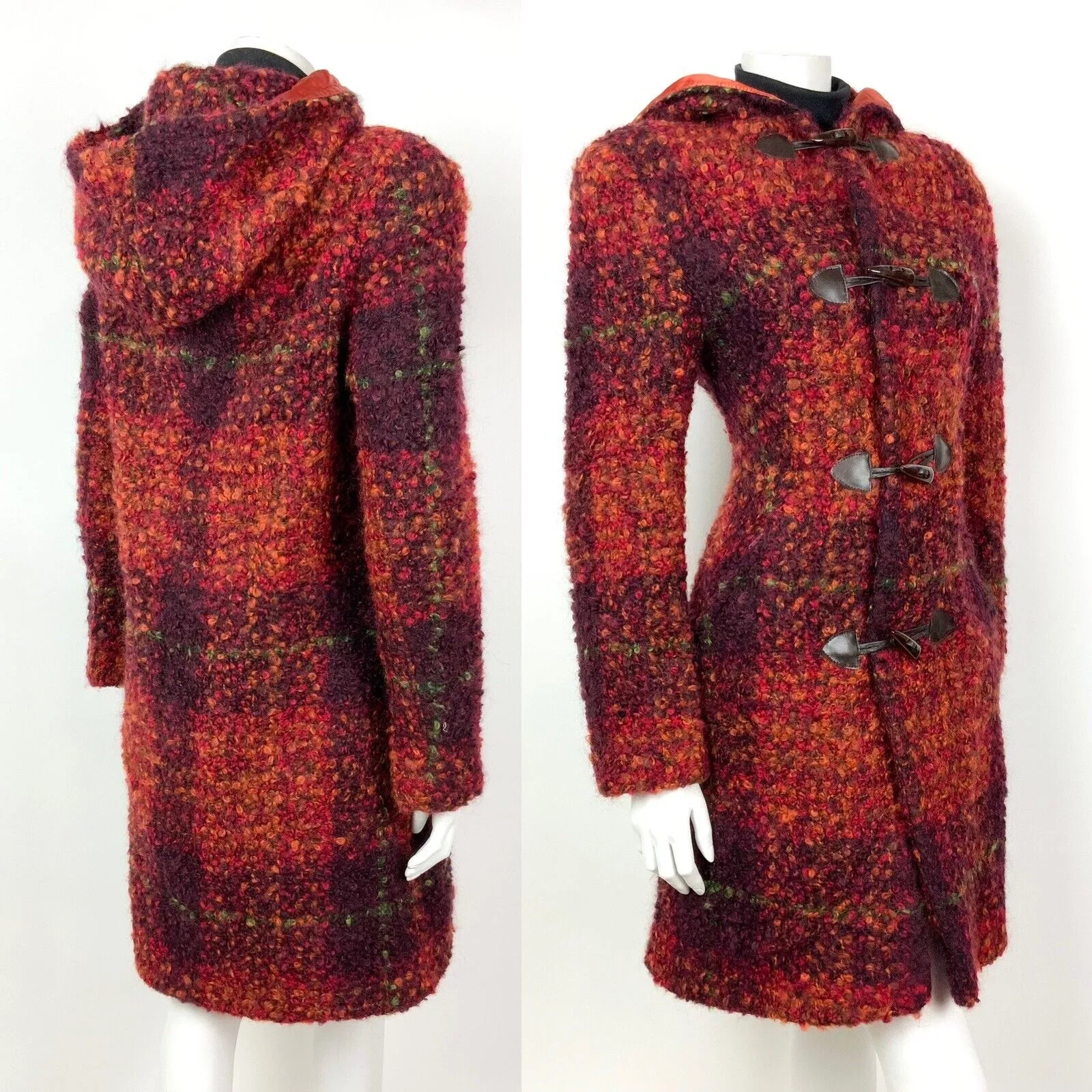 VINTAGE 70s 80S RED ORANGE GREEN CHECKED PLAID HOODED WOOL DUFFLE COAT 10 12