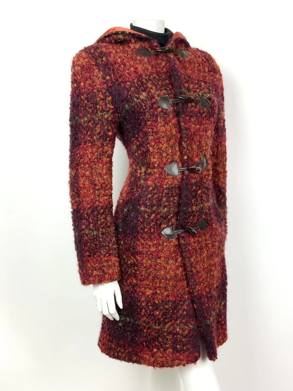 VINTAGE 70s 80S RED ORANGE GREEN CHECKED PLAID HOODED WOOL DUFFLE COAT 10 12