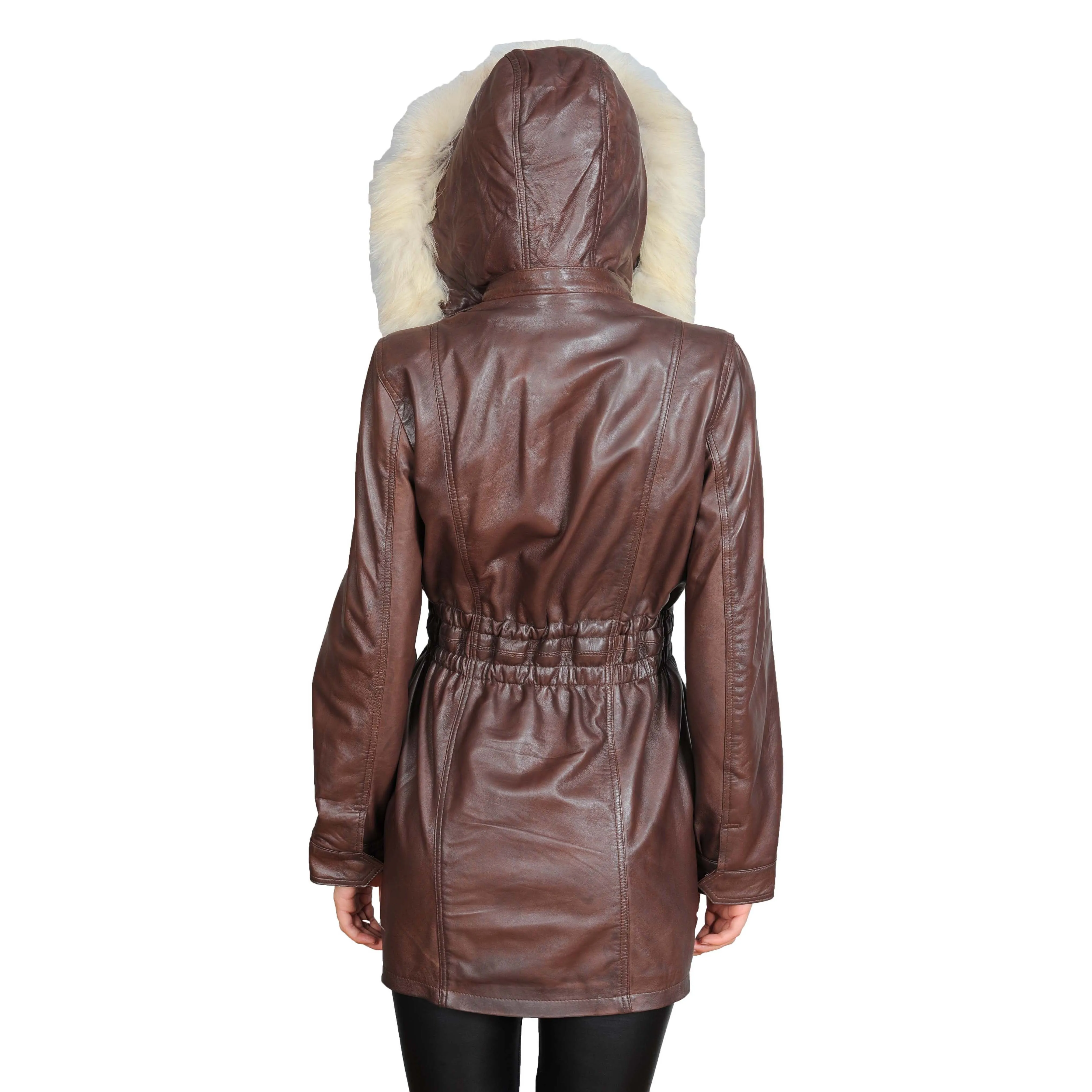 Womens Duffle Leather Coat Detachable Hood 3/4 Long Parka Jacket Mila Brown