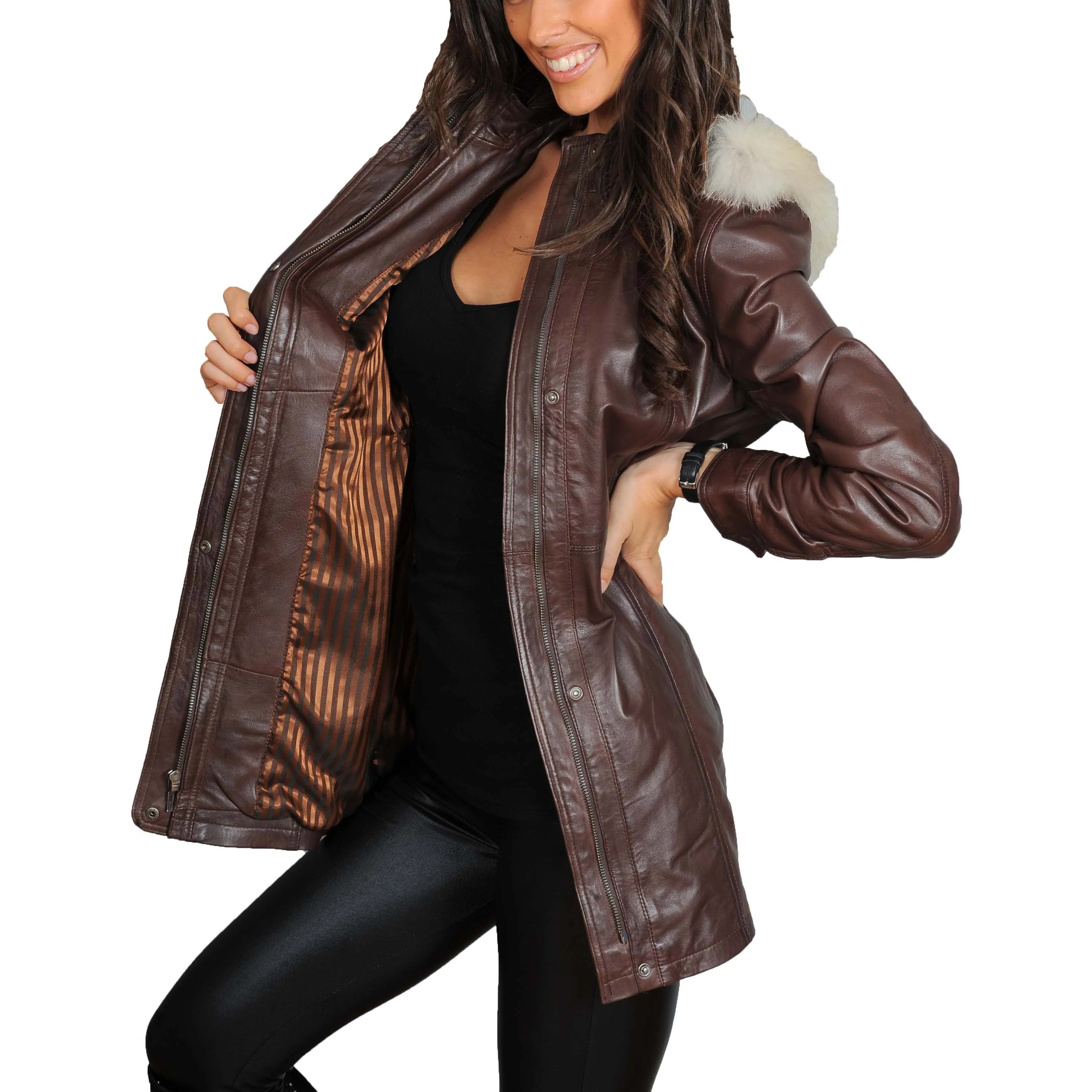 Womens Duffle Leather Coat Detachable Hood 3/4 Long Parka Jacket Mila Brown