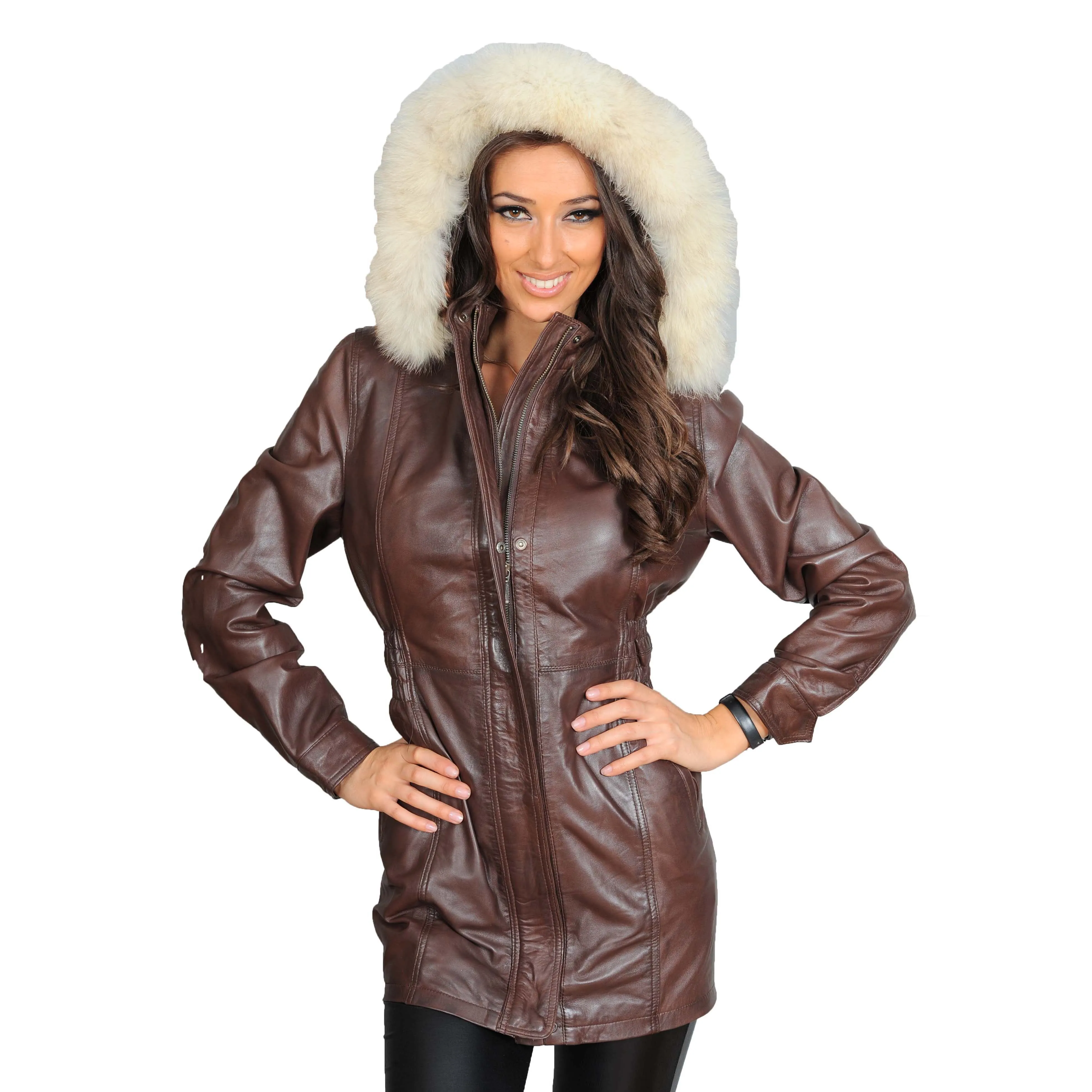 Womens Duffle Leather Coat Detachable Hood 3/4 Long Parka Jacket Mila Brown