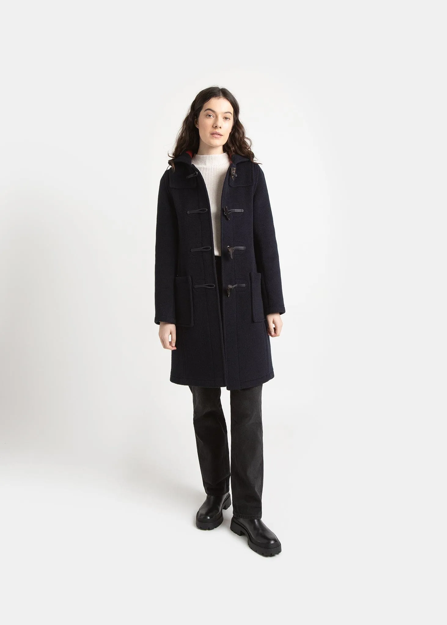 Women's Long Slim Fit Duffle Coat Navy Royal Stewart