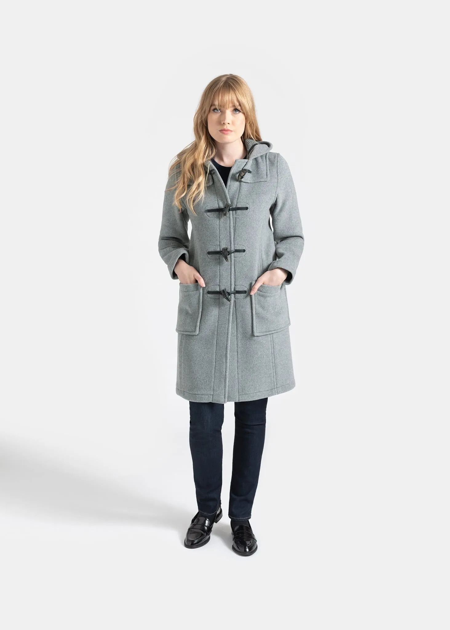 Women's Long Slim Fit Duffle Coat Silver Prince of Wales